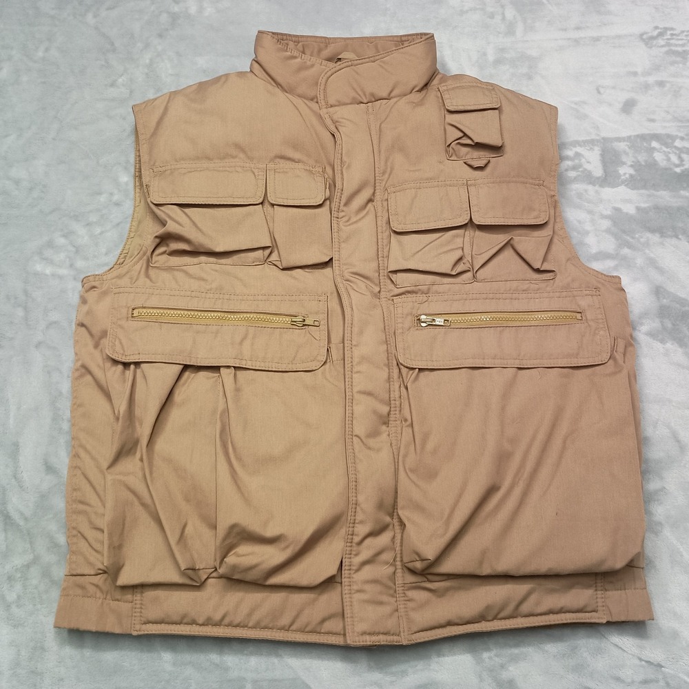 VTG Cabela's Vest Mens L Tan Down Filled Multi Pocket Utility Fishing Hunting